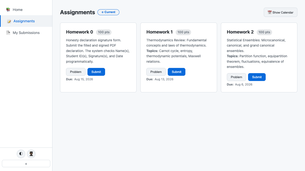 GradePilot student assignment dashboard showing three homework cards, problem and submit buttons, points and due dates.