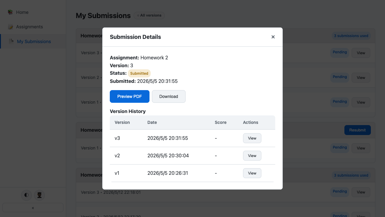 GradePilot submission details dialog showing submitted status, PDF preview, download controls and three recorded versions with score fields.