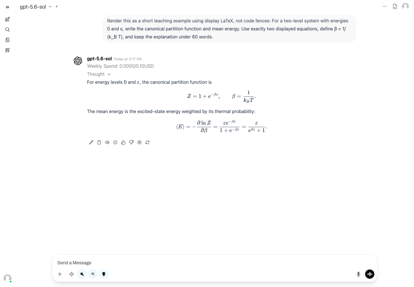 Authenticated OpenWebUI conversation rendering the partition function and mean energy of a two-level system as two display LaTeX equations.