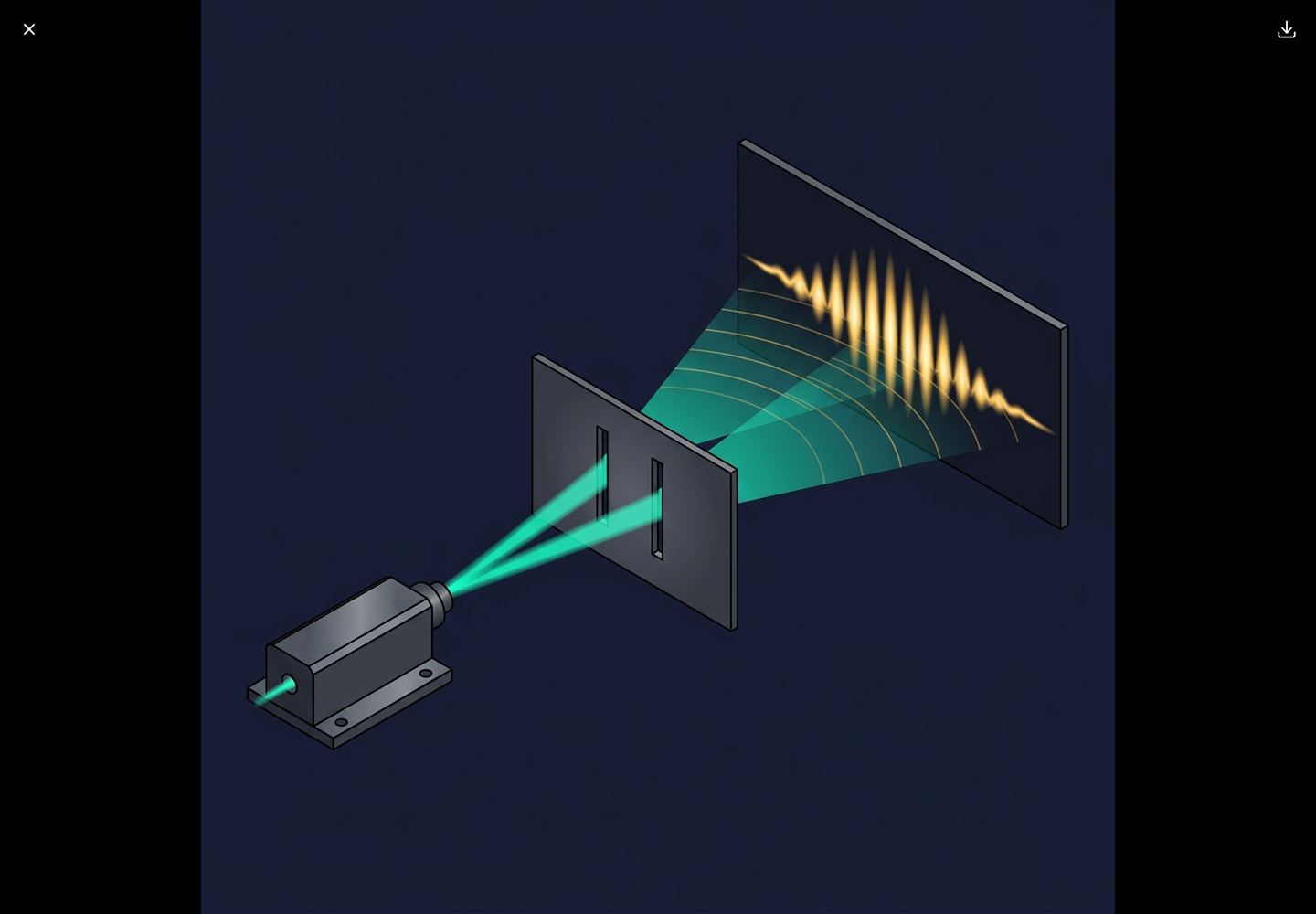 AI-generated isometric double-slit experiment with a dark navy background, teal beam and gold interference fringes.