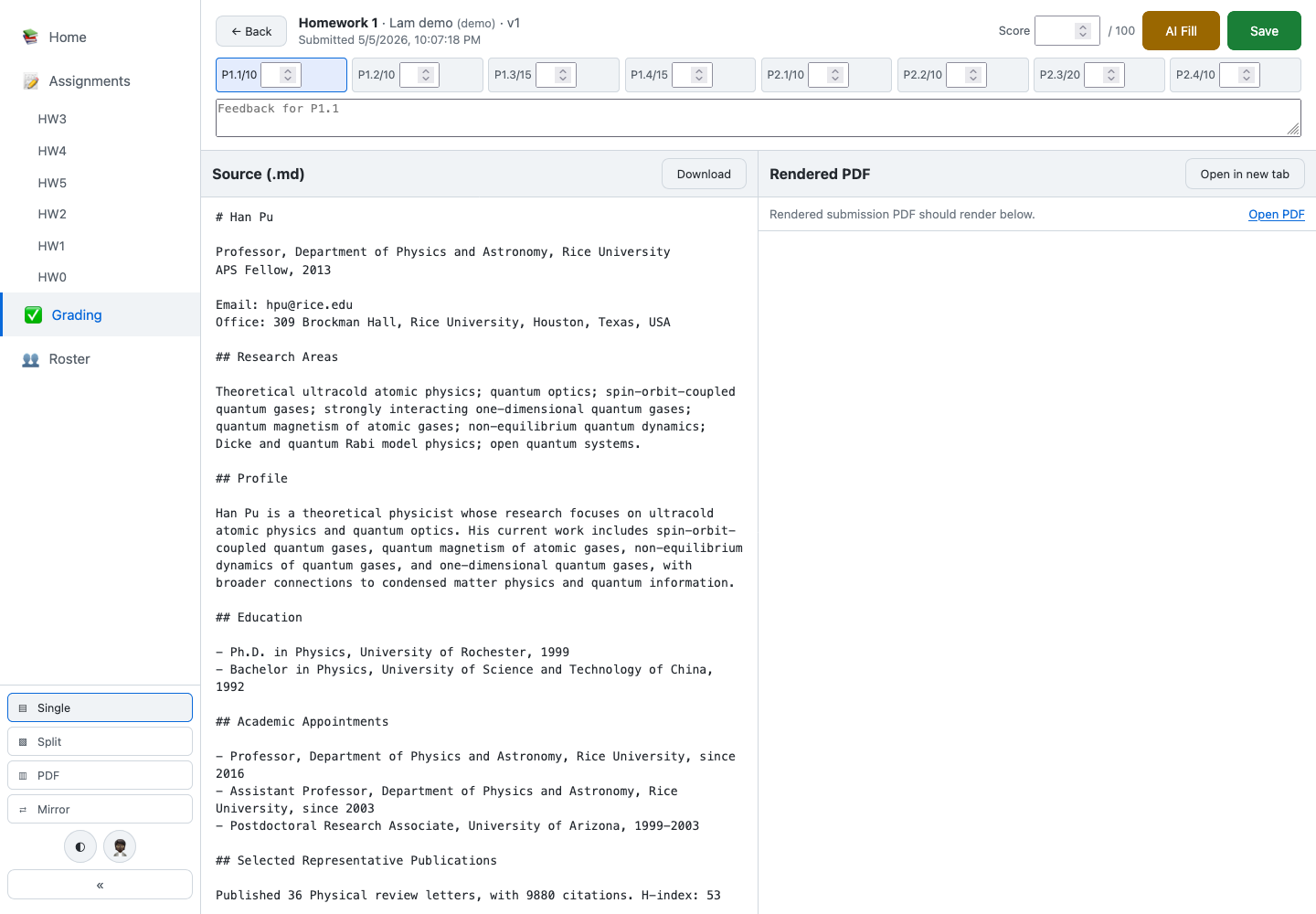 Authenticated GradePilot teaching-assistant grading screen for a demo submission, showing overall and per-question score fields, feedback, source and rendered-PDF panes, AI Fill and Save controls.