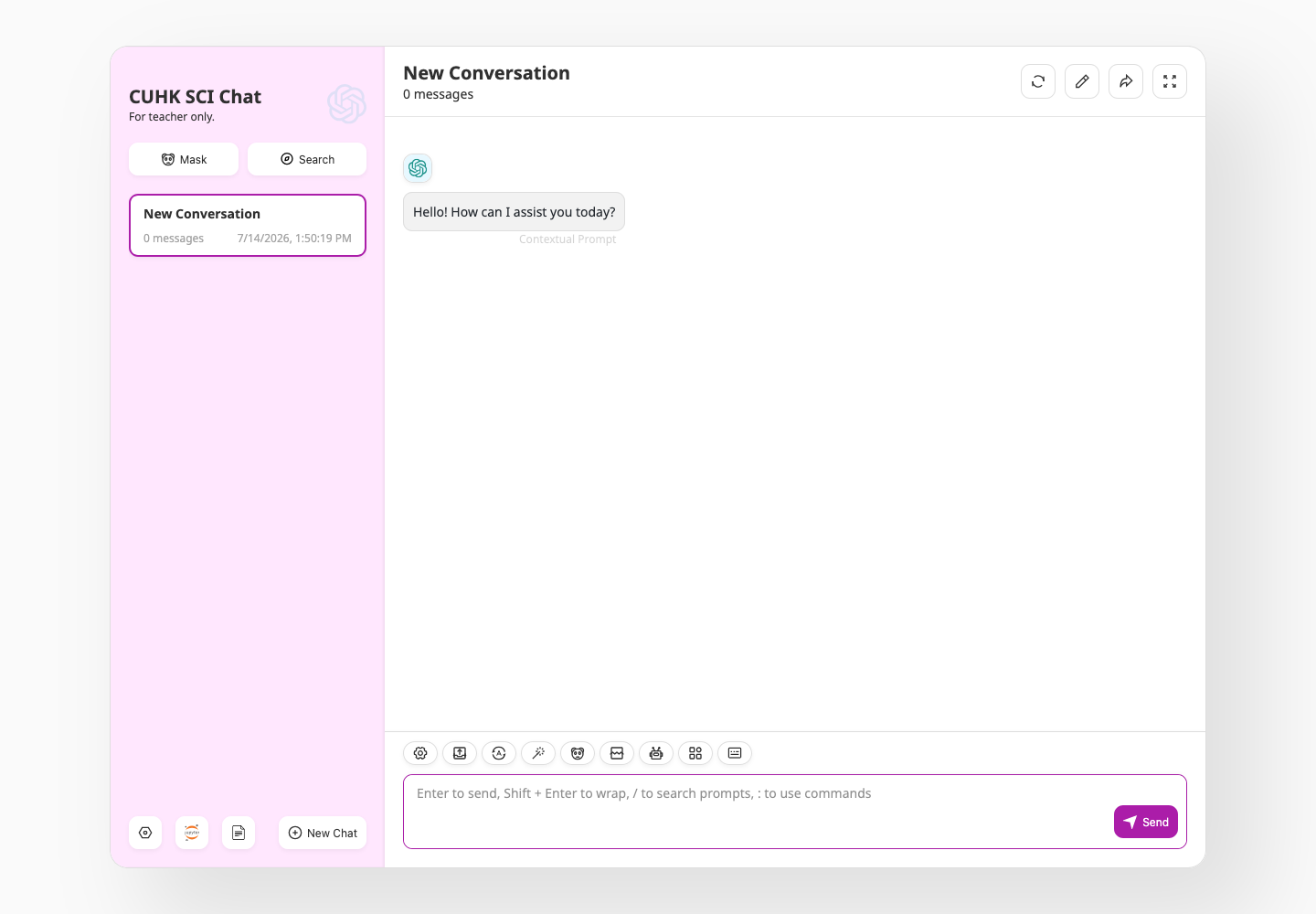 Authenticated ChatNextWeb demonstration view showing CUHK SCI Chat, a new conversation, model controls, image upload and prompt tools.