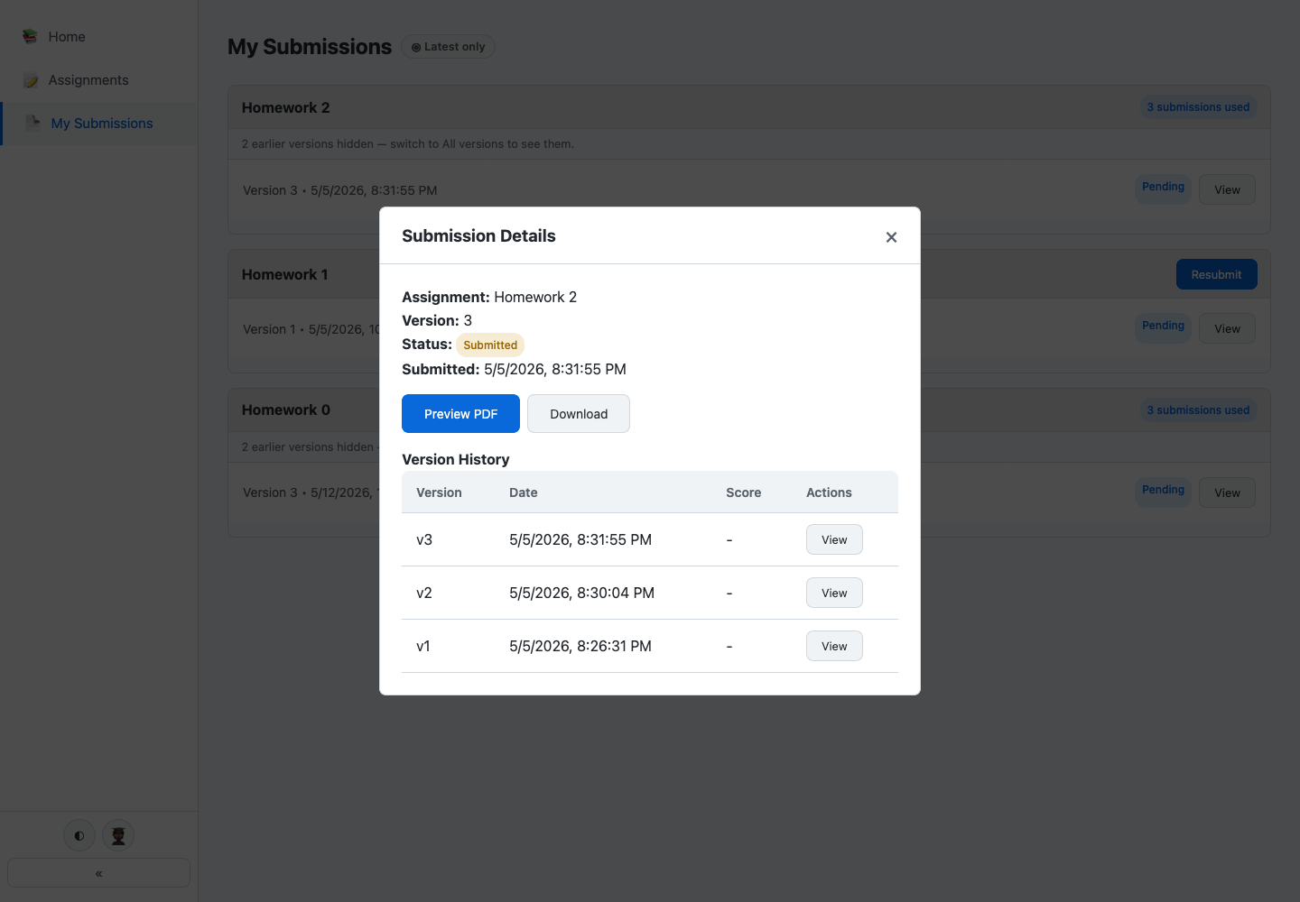 GradePilot submission detail showing submitted status, PDF preview, download controls and a three-version history awaiting review.